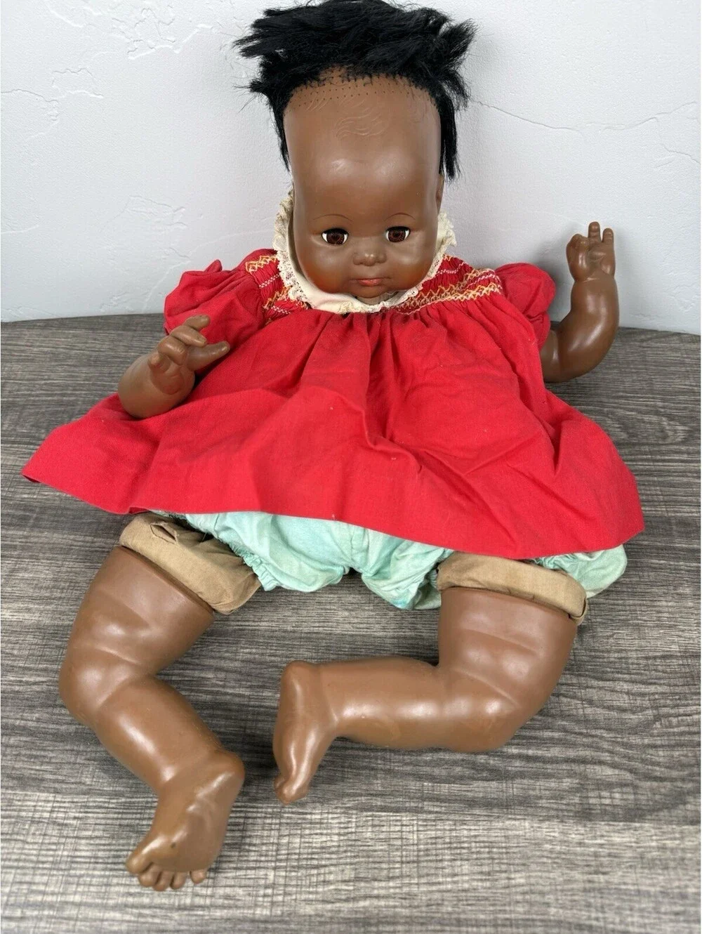 Vtg Black Baby Doll 19in Hard Plastic Sleep Eyes Red Dress Cloth Body For Repair